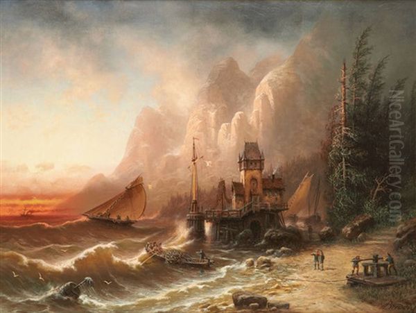 Le Halage De La Barque De Peche Oil Painting by Albert Bredow