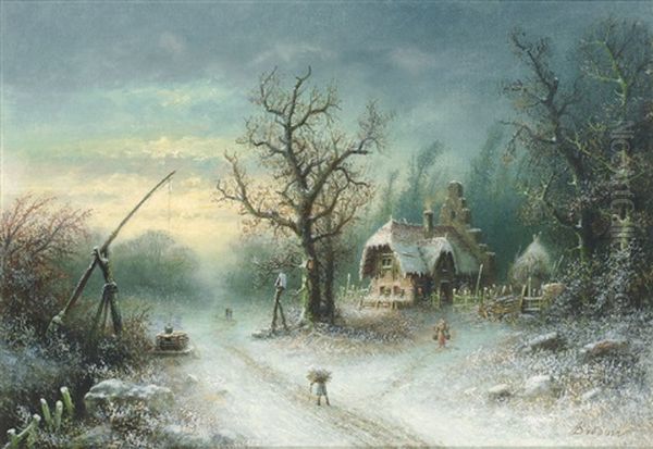 Russische Winterlandschaft Mit Malerischer Kate Und Figurenstaffage Oil Painting by Albert Bredow