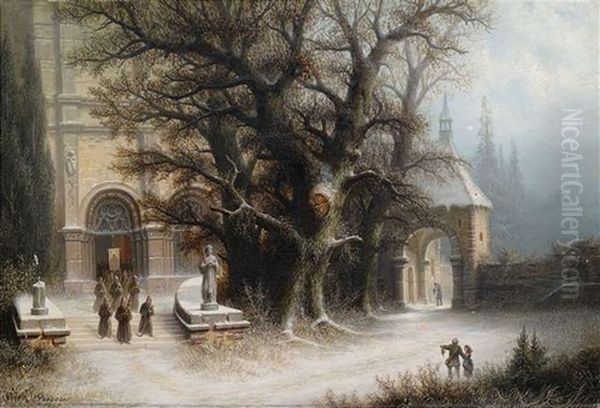 Prozession An Einer Verschneiten Klosteranlage Oil Painting by Albert Bredow