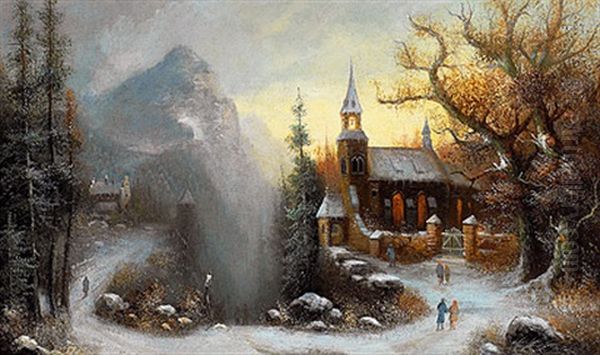 Winterlandschaft Mit Klosterkirchlein Im Gebirge Oil Painting by Albert Bredow