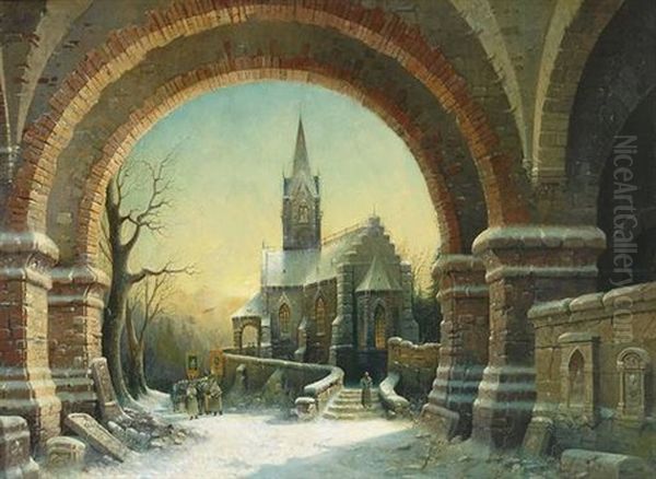 Blick Durch Machtigen Torbogen Auf Verschneite Winterlandschaft Oil Painting by Albert Bredow