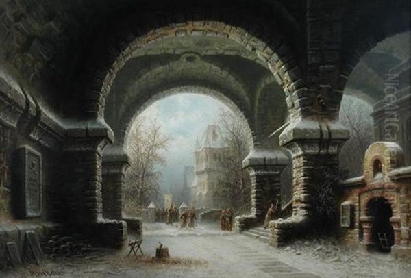 A Winter Scene With A Religious Procession Through The Gates Of A Cathedral Oil Painting by Albert Bredow