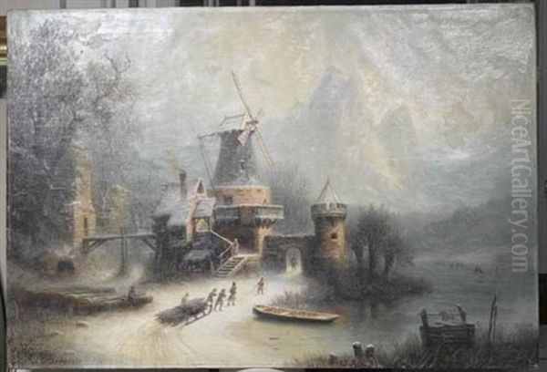 Winterlandschaft Mit Windmuhle Oil Painting by Albert Bredow