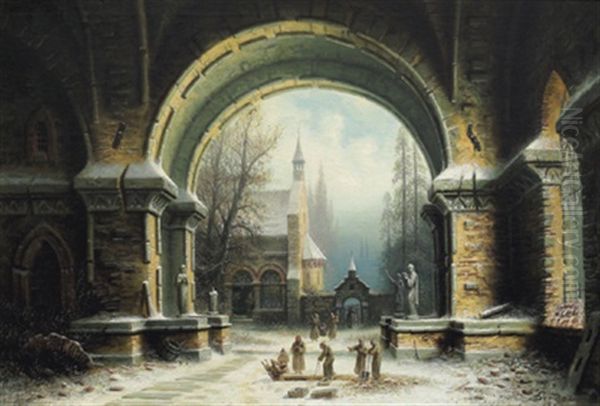 Monche Im Kreuzgang Im Winter Oil Painting by Albert Bredow