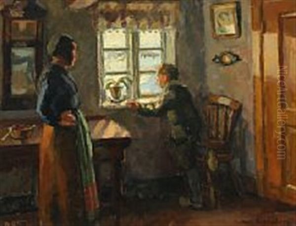 Interior With A Woman And A Boy At The Window Oil Painting by Axel Bredsdorff