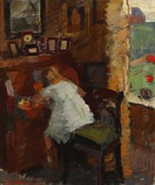 Girl Seated At The Desk Oil Painting by Axel Bredsdorff