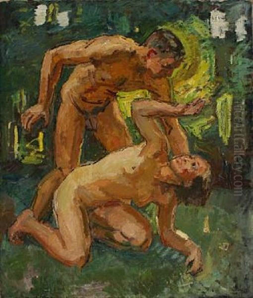 Landscape With Naked Woman And Man Oil Painting by Axel Bredsdorff