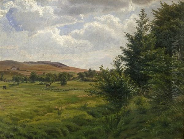 Danische Sommerlandschaft Mit Pferden Und Bauer Oil Painting by Johan Ulrik Bredsdorff