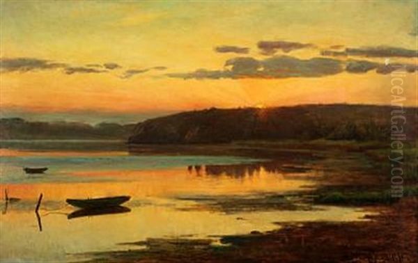 Sunset At The Fiord Oil Painting by Johan Ulrik Bredsdorff