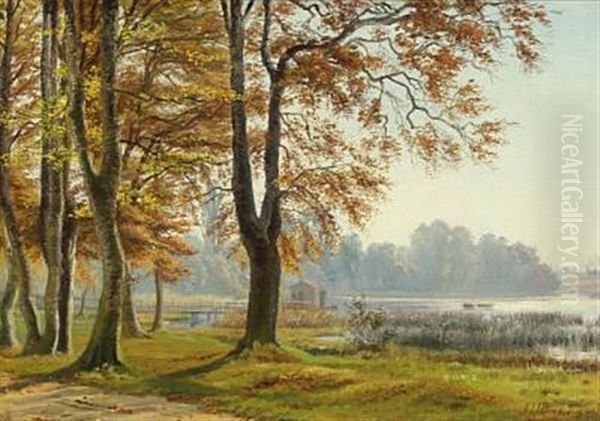 Autumn Scene By A Lake Oil Painting by Johan Ulrik Bredsdorff