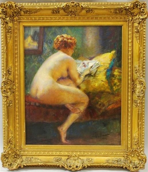 Seated Nude, Reading Oil Painting by Ferdinand Max Bredt