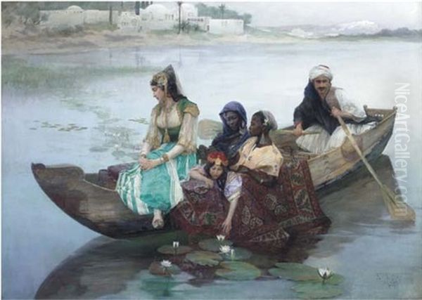 An Oriental Noblewoman And Her Entourage On A Barge Oil Painting by Ferdinand Max Bredt