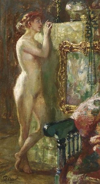 Im Baudoir - Entbloste Grazie Vor Einem Paravent Posierend Oil Painting by Ferdinand Max Bredt