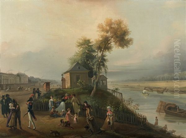 Vue De Paris Avec La Seine Devant L'hotel De Salm Animee De Promeneurs Oil Painting by Mathieu Ignace van Bree