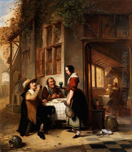 Schankstube Mit Gasten Und Junger Kellnerin Oil Painting by Philippe-Jacques van Bree