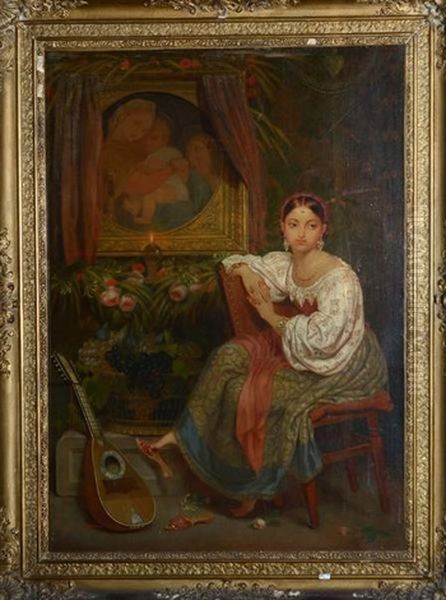 La Belle Italienne A La Mandoline Oil Painting by Philippe-Jacques van Bree