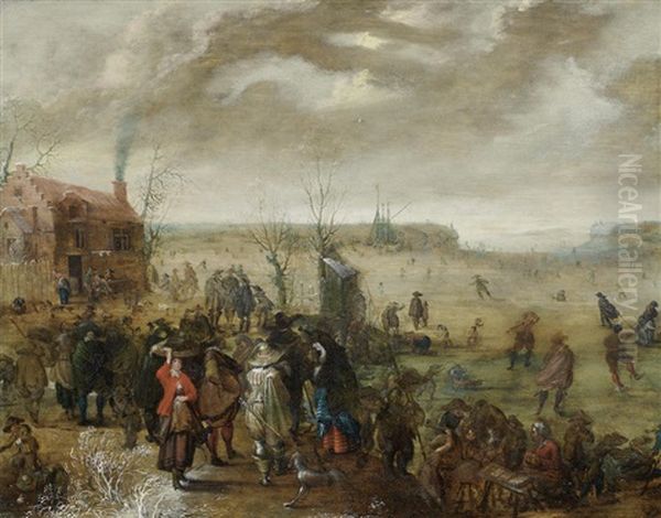 A Winter Landscape With Skaters On A Frozen Estuary And Figures By An Inn Oil Painting by Adam van Breen