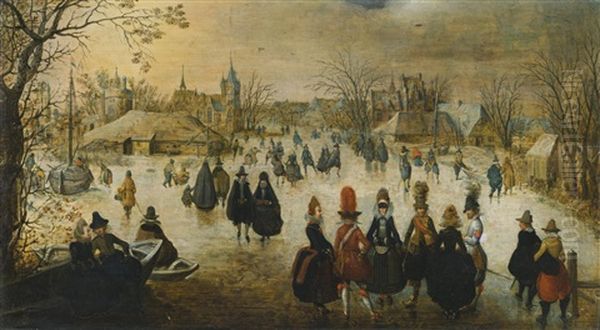 Winter Landscape With Skaters On A Frozen River Outside A Village Oil Painting by Adam van Breen