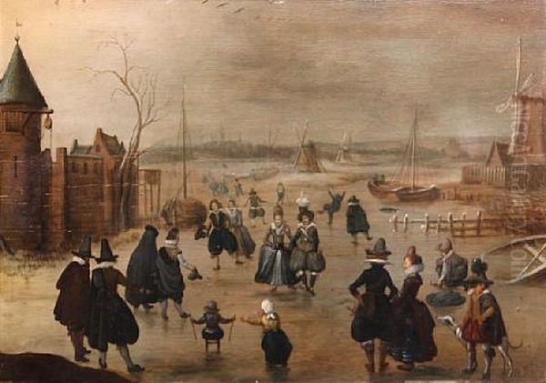 Elegant Skaters On A Frozen River By A Fortified Castle, At Dusk by Adam van Breen