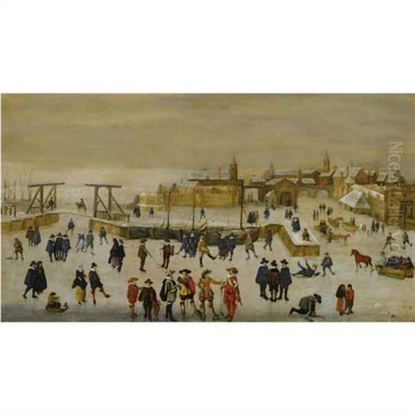 Winter Landscape With Elegant Figures Skating And Conversing On The Ice Outside The Walls Of A Dutch Town Oil Painting by Adam van Breen