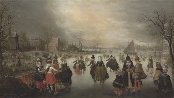 A Winter Landscape With Elegant Skaters On A Frozen Lake, A Town Beyond Oil Painting by Adam van Breen