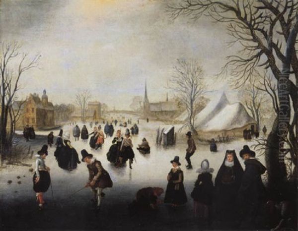 Hollandische Winterlandschaft Mit Eislauferin Und Kolfspielerin Oil Painting by Adam van Breen