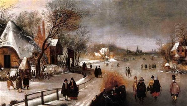 A Winter Landscape With Elegant Figures Skating And Playing Kolf On A Frozen River, A Townscape Beyond Oil Painting by Adam van Breen