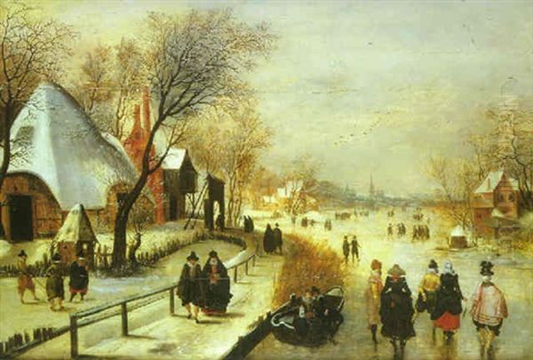 A Winter Landscape With Elegant Figures Skating And Playing Kolf On A Frozen River, A Townscape Beyond Oil Painting by Adam van Breen