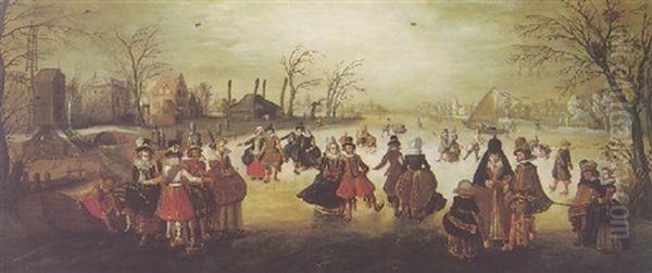 A Winter Landscape With Elegant Figures Skating On A Frozen River Oil Painting by Adam van Breen