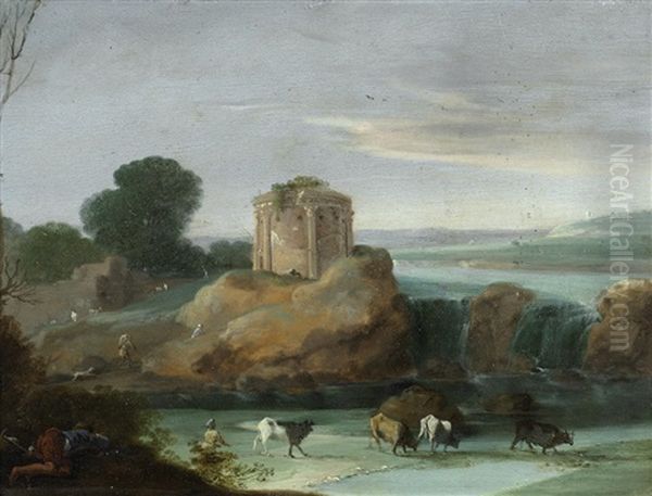 An Italianate Landscape With A Round, Blind Colonnade Temple, Drovers With Their Cattle By Cascades; And A Coastal Capriccio With A Ruined Tower (2) Oil Painting by Bartholomeus Breenbergh