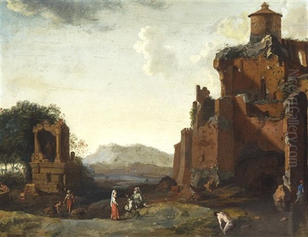 Un Paysage Italianisant Avec Des Personnages Pres De Ruines by Bartholomeus Breenbergh