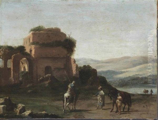 An Italianate Landscape With Figures Before A Ruined Classical Building Oil Painting by Bartholomeus Breenbergh