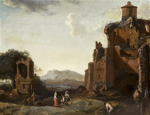 Un Paysage Italianisant Avec Des Personnages Pres De Ruines Oil Painting by Bartholomeus Breenbergh