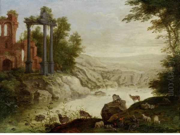 Shepherds Resting With Their Flocks In A River Landscape, Ruins Beyond Oil Painting by Bartholomeus Breenbergh