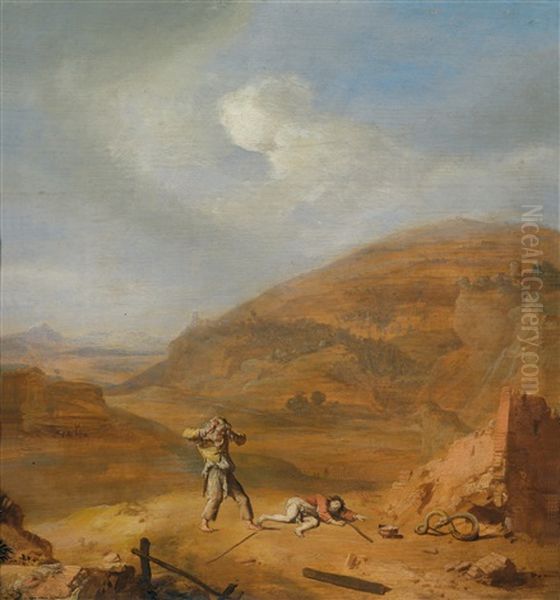 Felslandschaft Mit Von Einer Schlange Bedrohten Bauern Oil Painting by Bartholomeus Breenbergh