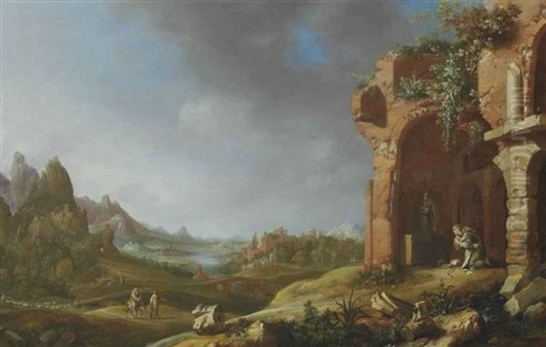 A Landscape With A Hermit Monk Praying In Classical Ruins Oil Painting by Bartholomeus Breenbergh