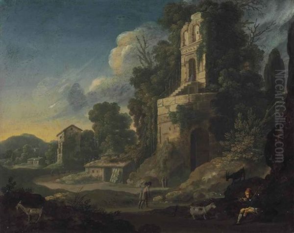 A Landscape With Italianate Ruins And A Shepherd Making Music Oil Painting by Bartholomeus Breenbergh