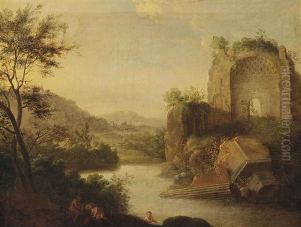 A Wooded Landscape With Bathing Nymphs Near Classical Ruins Oil Painting by Bartholomeus Breenbergh