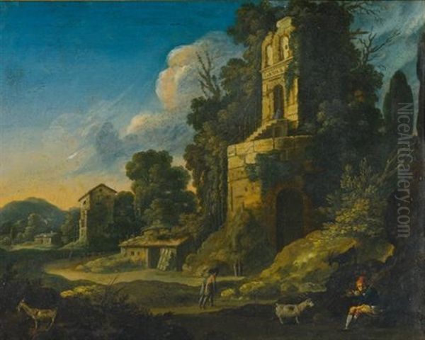 Italianate Landscape With Buildings And A Herdsman Playing Pipes Oil Painting by Bartholomeus Breenbergh