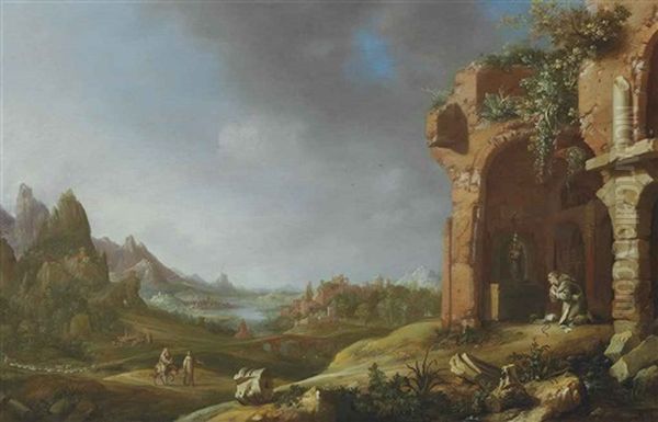 A Landscape With The Flight Into Egypt And A Hermit Monk Praying In Classical Ruins Oil Painting by Bartholomeus Breenbergh