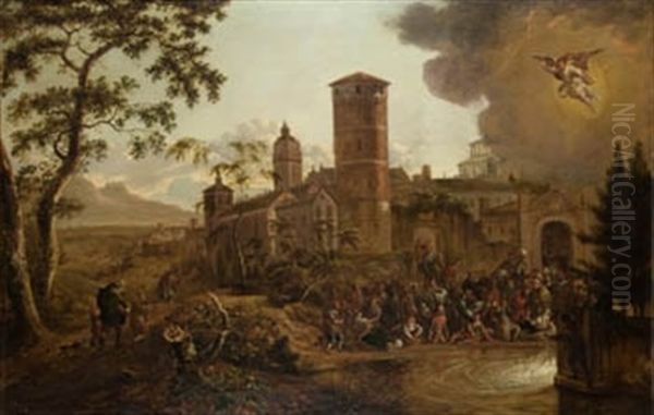 La Curacion Del Ciego En El Estanque Oil Painting by Bartholomeus Breenbergh