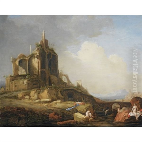 A Southern Landscape With Figures Bathing Near Classical Ruins Oil Painting by Bartholomeus Breenbergh