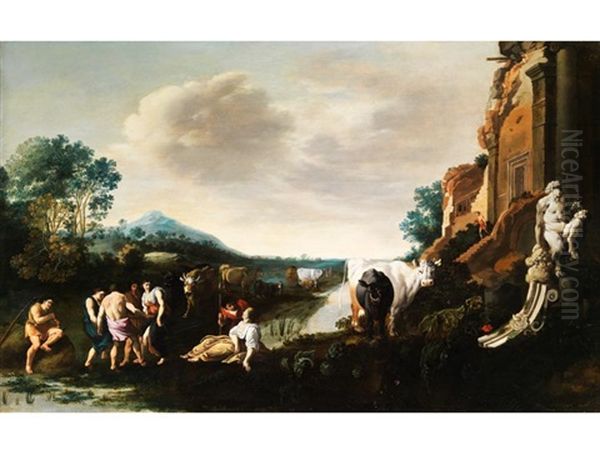 Italienische Fantasielandschaft Mit Flusslauf, Ruinenarchitektur Und Figurenstaffage Mit Kuhen Am Ufer Oil Painting by Bartholomeus Breenbergh