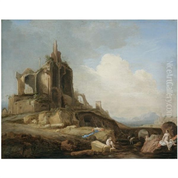 An Italianate Landscape With Nymphs Bathing In The Foreground And Classical Ruins Beyond Oil Painting by Bartholomeus Breenbergh