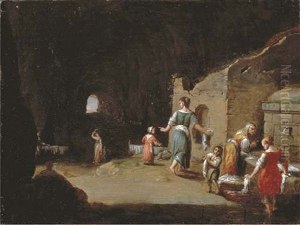 Peasant Women And Children Washing By A Fountain In A Cave Oil Painting by Bartholomeus Breenbergh