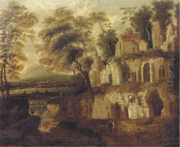 An Italianate Landscape With Figures Resting Near An Overgrown Ruin, A River And Town In The Distance Oil Painting by Bartholomeus Breenbergh