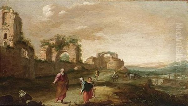 Elijah And The Widow Of Zarephath In A Classical Landscape Oil Painting by Bartholomeus Breenbergh