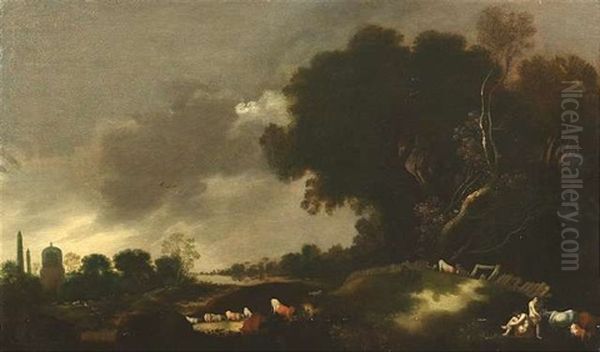 Arkadische Fluslandschaft Mit Schaferpaar (adam Und Eva?) Und Ziehendem Vieh Oil Painting by Bartholomeus Breenbergh