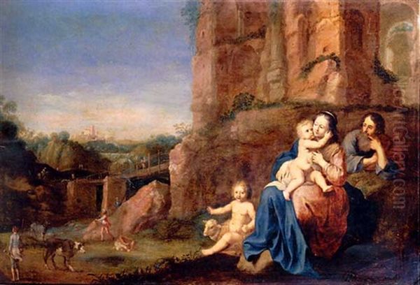 The Holy Family And The Infant Saint John The Baptist In A Landscape Oil Painting by Bartholomeus Breenbergh