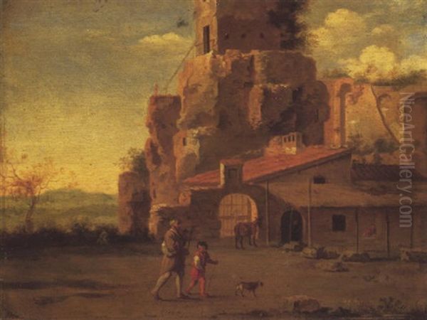 An Italianate Landscape With Travellers On A Path Leading To A Gate By A Fortress Oil Painting by Bartholomeus Breenbergh